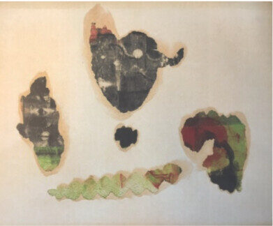 Composition in Black, Red, and Green (Peakaboo), 1955, Frottage on paper with torn cardboard, 49.2 x 52.4 cm
